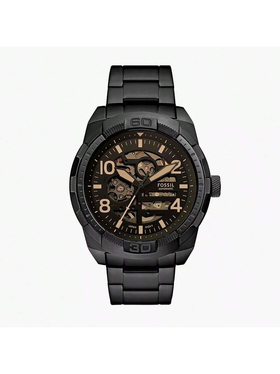 Fossil Men's Black Bronson Automatic Stainless Steel Watch, Hollowed Out Dial, Stainless Steel Strap, Fashionable Business Style Me3256