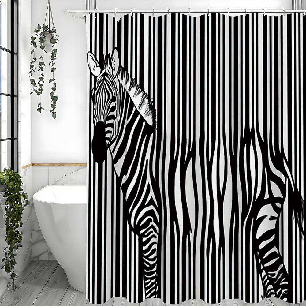 Zebra Stripe Shower Curtain, Bathroom Decorative Shower Curtain, Waterproof Shower Curtain with Hooks