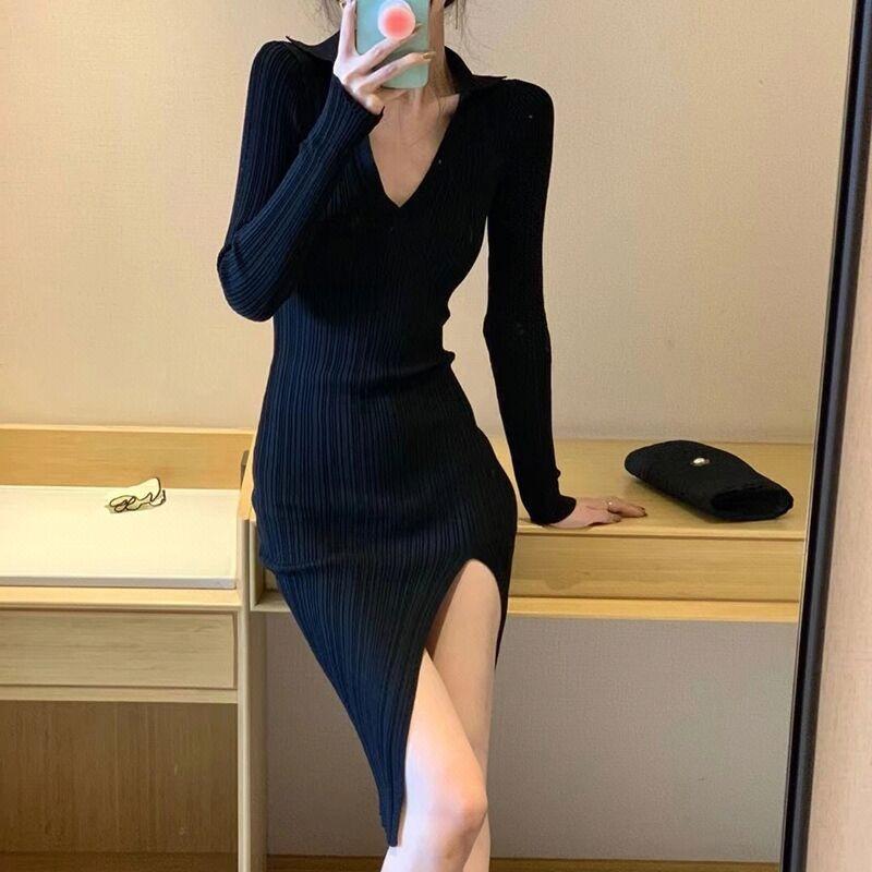New autumn temperament Muse Fan slim-fitting polo long-sleeved knitted dress women's autumn and winter