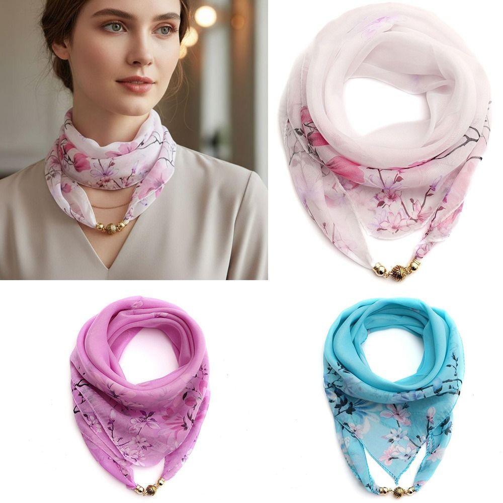 Elegant Luxury Floral Print Silk Scarf Magnetic Buckle Neck Covers Scarf Neck Decorative