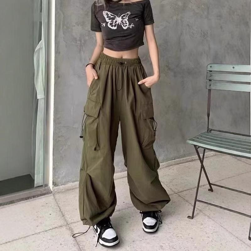 Schwarze Fallschirmhose mit hohem Bund – Lässig, weit geschnitten, Petite Jazz-Tanzbekleidung für Frühling und Herbst