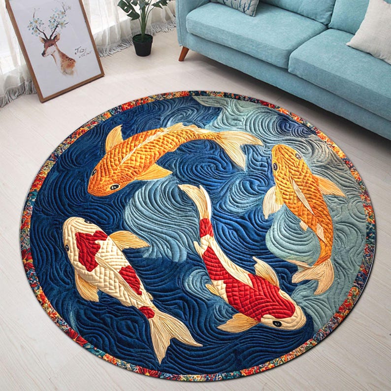 

Japanese Koi Fish Round Rug, Water Wave Flannel Carpet, Zen Home Decor with Koi Pattern, Meditation Area Floor Mat Diameter 60cm