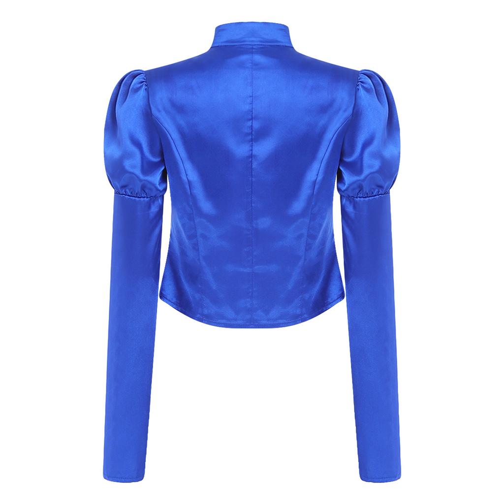 Women Victorian Blazer Stand Collar Long Puff Sleeves Button Satin Jacket Asymmetrical Blouse for Office Business Casual Theme Party