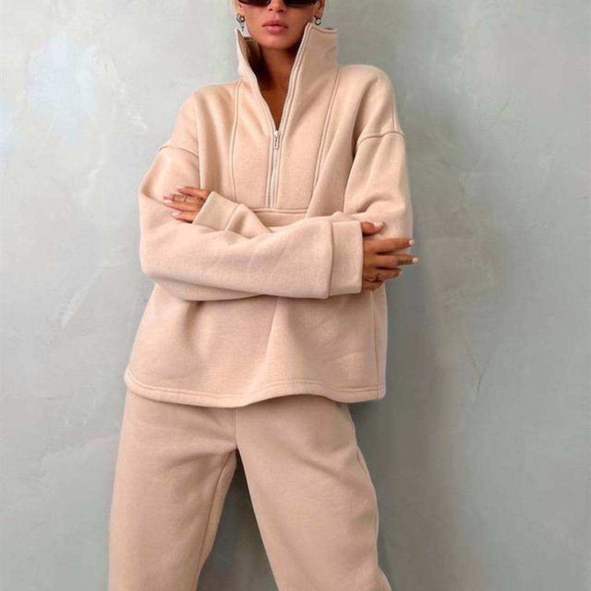 

Женский однотонный длинный рукав воротник-стойка толстовка костюм осень зима свободный топ широкие брюки S абрикосовый