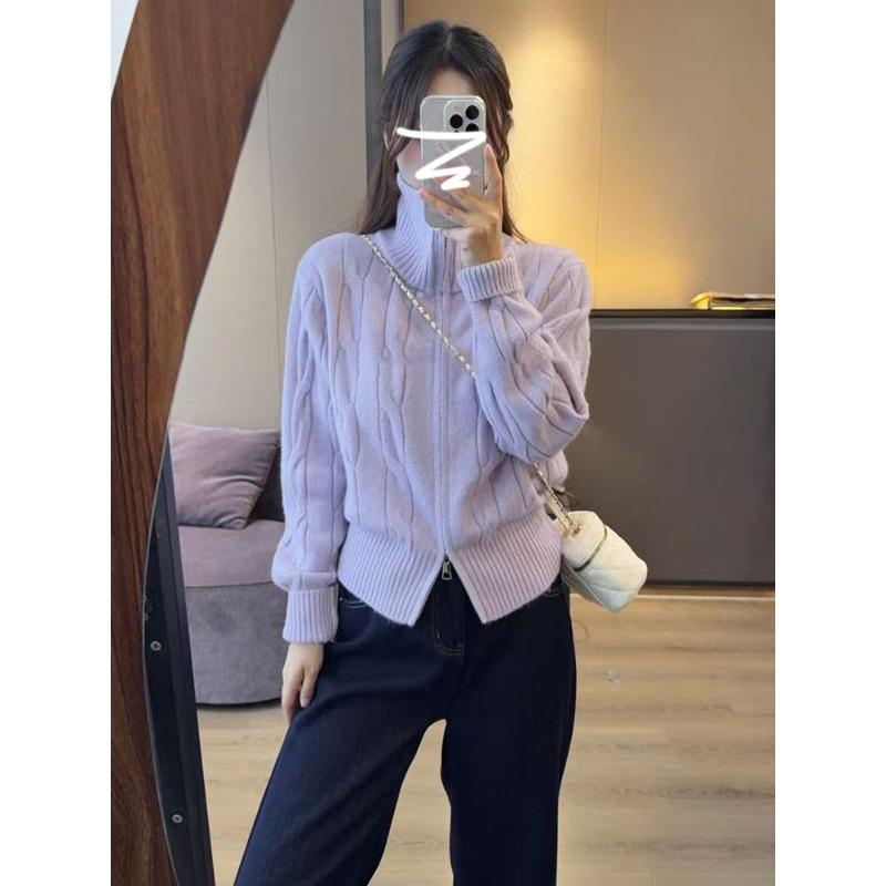 Autumn and winter thickened lazy style short knitted jacket turtleneck twist double zipper cardigan sweater women