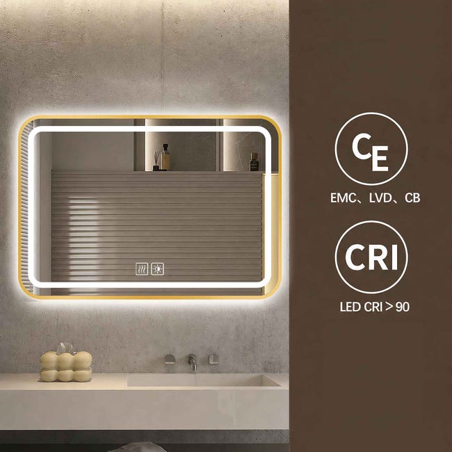Rectangular LED Bathroom Mirror with Gold Frame, Three-Color Touch Lighting, Adjustable Brightness, Anti-Fog Function, HD Shatter-Resistant Glass