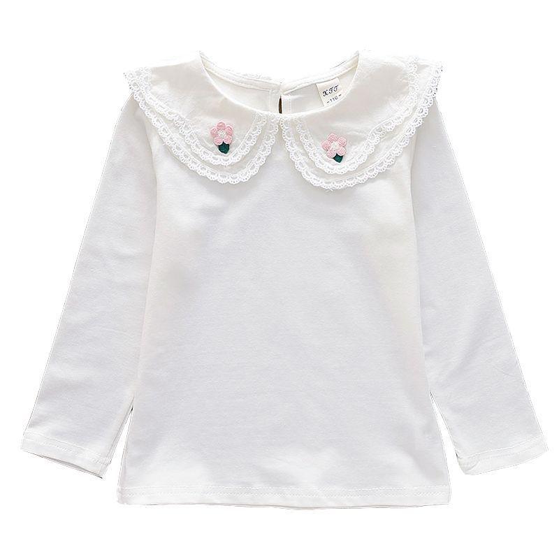 Girls' White Cotton Peter Pan Collar Long Sleeve Shirt for Spring & Autumn