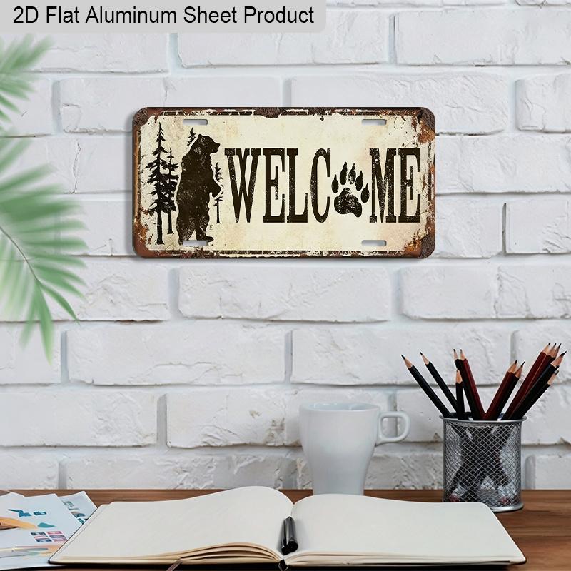 2D Flat, 1pc "WELCOME" Bear & Paw Print 12''x6'' Aluminum Sign, Rustic Cabin & Woodland Style Wall & Car Decor for Entryway, Porch, Lake House
