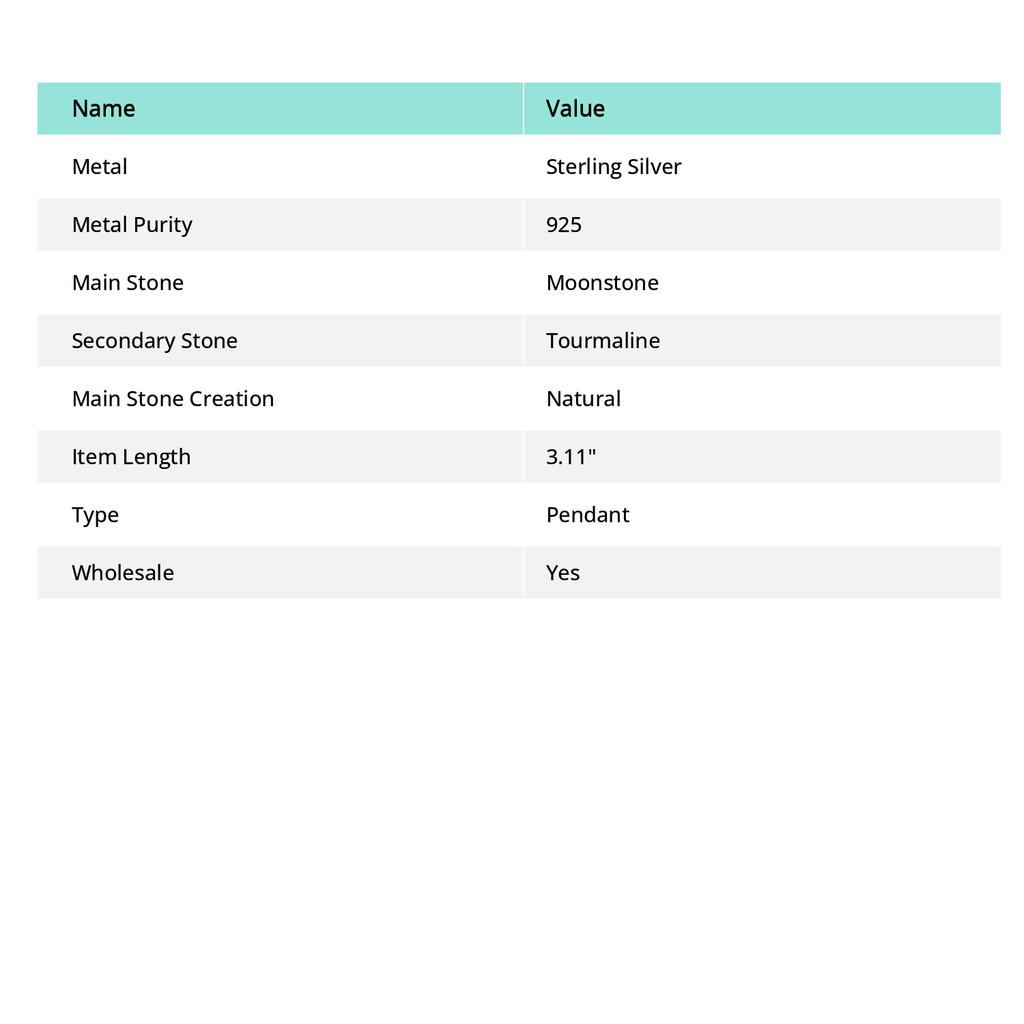 Natural Rainbow Moonstone,Tourmaline 925 Sterling Silver Pendant 3.11" B8c92