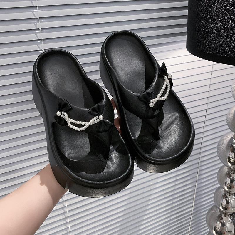 

Chain bead one-word slippers with skirt gentle temperament versatile cool slippers women s thick-soled heightening flip-flops slippers 35-36 чёрный