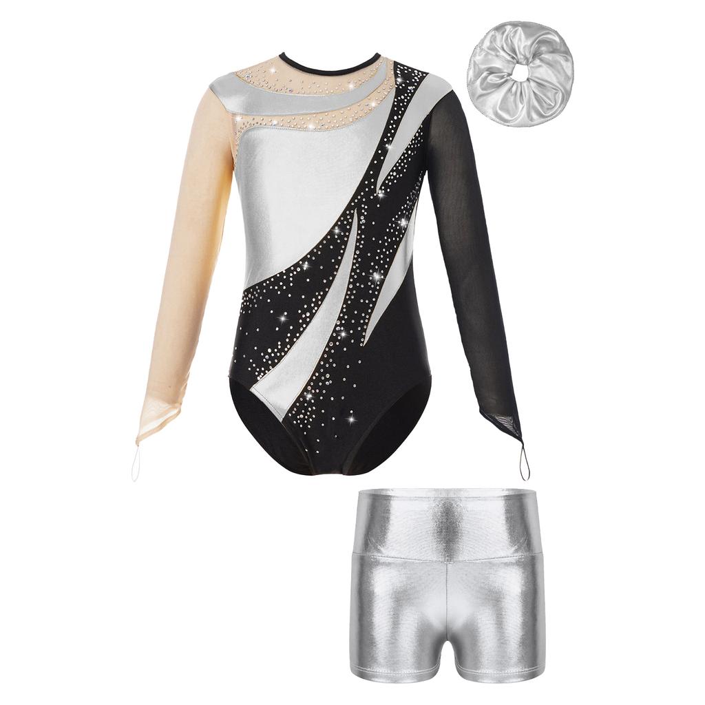 Girls Mesh Long Sleeve Keyhole Back Shiny Leotard Metallic High Waist Dance Shorts Hair Band Gymnastic Performance Outfit