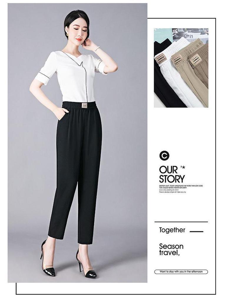 Sommerliche elastische Hosen mit hohem Bund für Frauen mittleren Alters und ältere Frauen - Gerades Bein, Casual, Lockere Passform, Übergröße