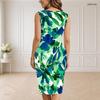 Women Plus Size V Neck Sleeveless Tropical Leaf Printed Bodycon Midi Dress