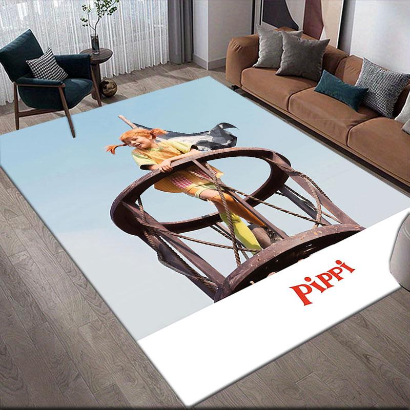 Cute Pippi Flannel Printed Carpet, Home Sofa Decoration for Living Room & Bedroom, Non‑Slip Play Flannel Floor Mat for Game Room