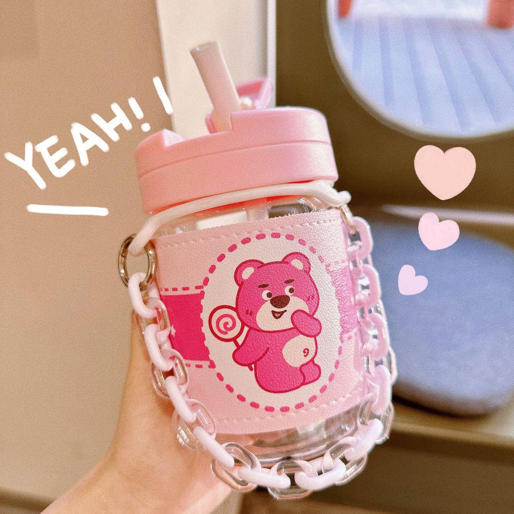 Adorable Bear Pink Straw Cup with Leather Case & Anti-Scalding Design - Portable Bracelet-Style Water Cup for Girls
