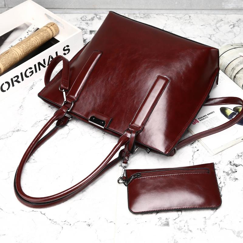 2 Pcs Set Women Casual Tote High Quality Oil Wax Soft Leather Elegant Offcie Handbag and Purses Retro Black Luxury Bag 2022 New