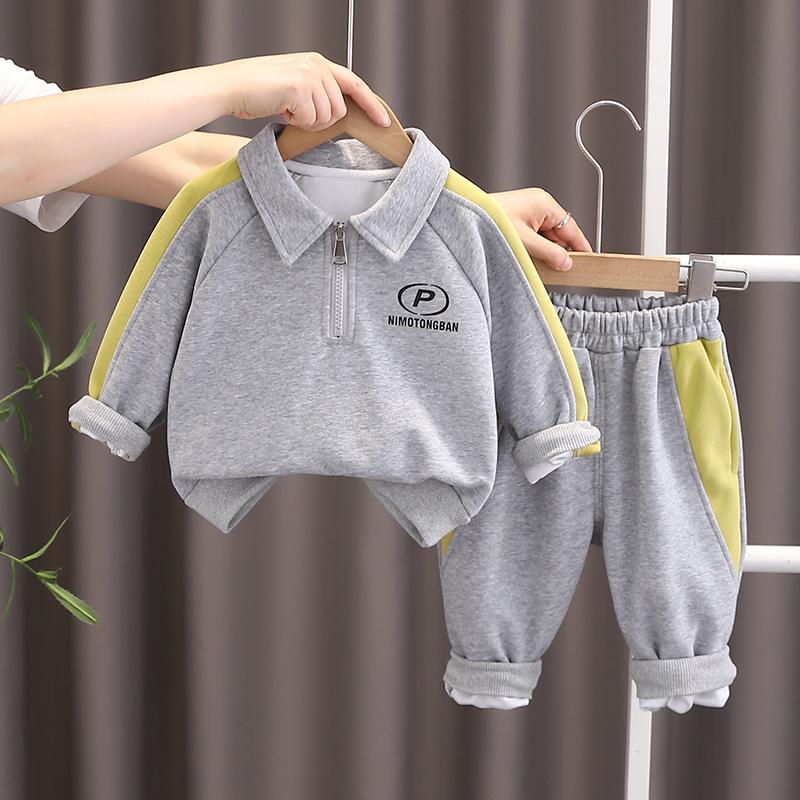 0-5-year-old boys' long sleeved 2-piece set, Children's collar printed hoodie+casual pants set, High-quality clothes for boys