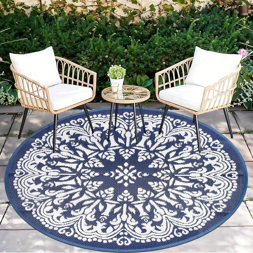 Deep Blue White Large Mandala Round Area Rug Non Slip Floor Mat Washable Carpet For Outdoor Patio Garden Home Decor Gift
