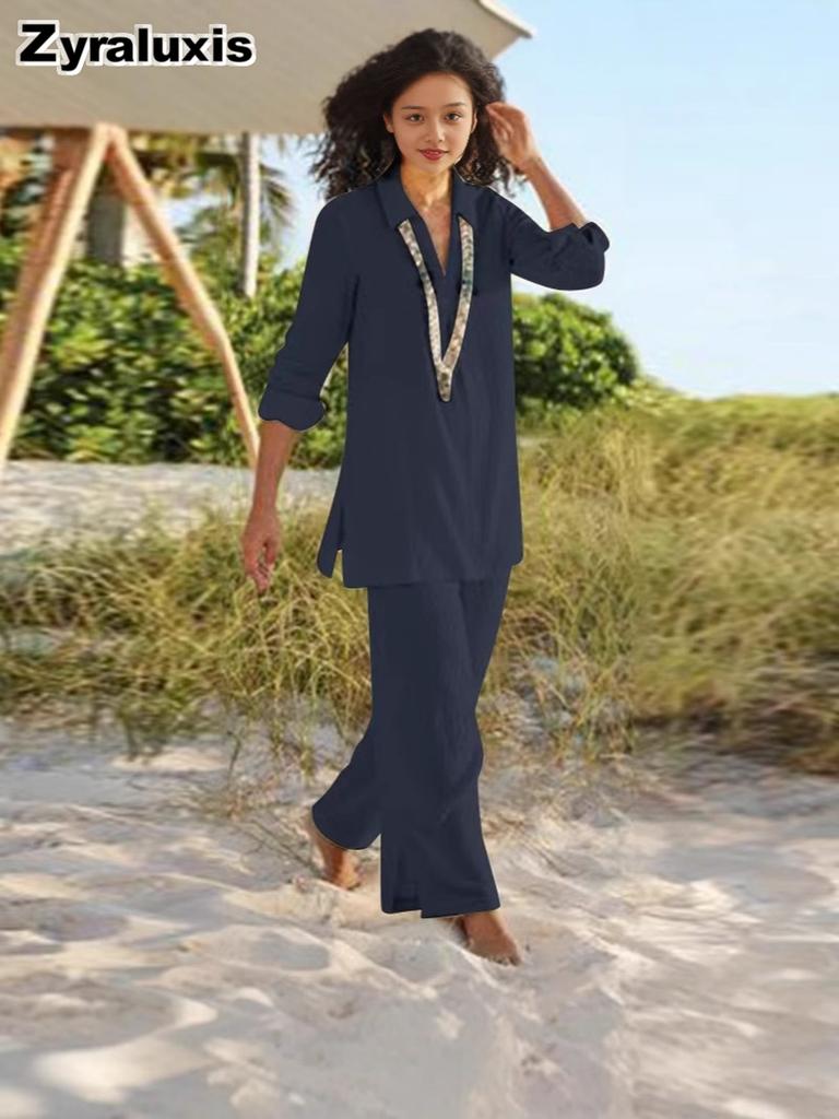 Nuovo Set Casual da Donna Moda Taglie Forti Cotone Lino Set Largo