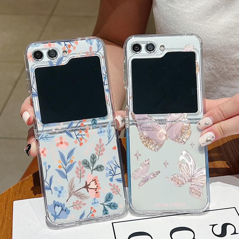 

Для Samsung Galaxy Z Flip6 Flip5 Flip4 Flip3 Цветочный узор бабочки Прозрачный противоударный 2 шт. Складной мягкий тонкий чехол для телефона из ТПУ Samsung Z Flip6