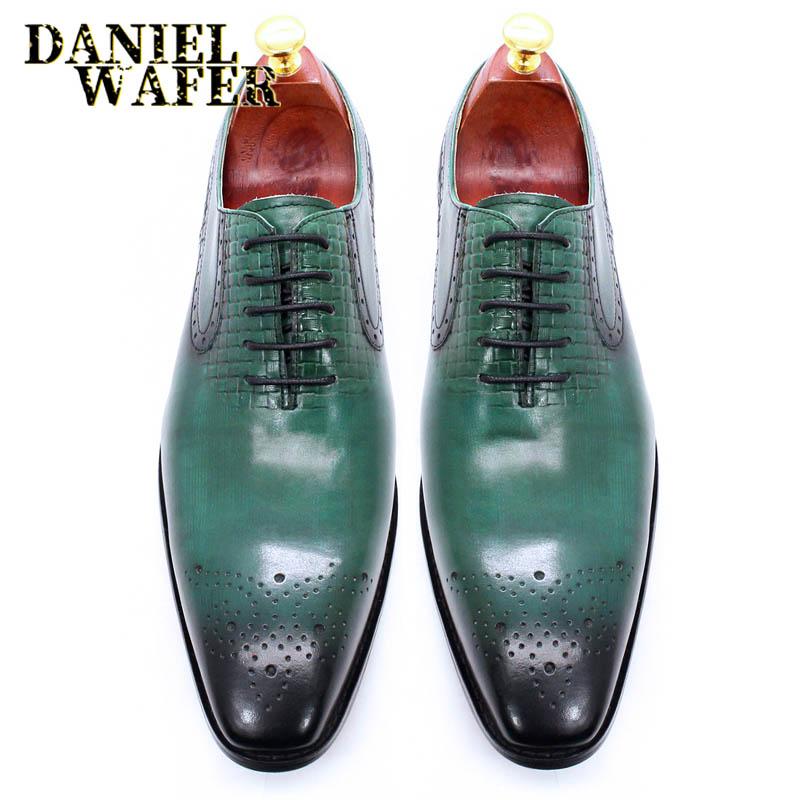 Fashion Men's Luxury Green & Black Genuine Leather Oxford Shoes Fashionable Lace-Up Formal Shoes Suitable for Wedding Office Business