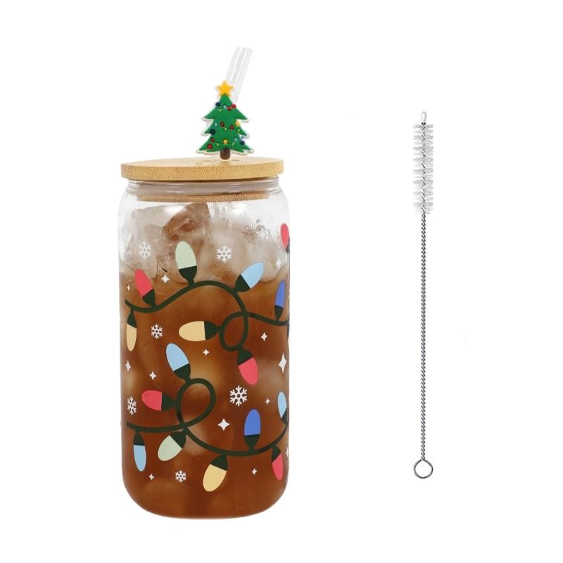 Color Changing Christmas Cups,Christmas Iced Coffee Glass Cups with Lids and Straw White Elephants Gift Drinking Glasses