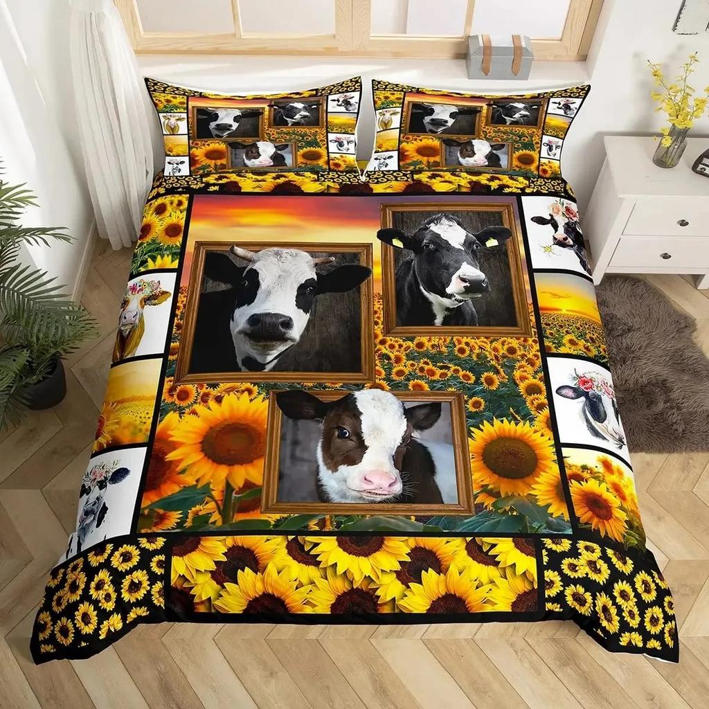 Sunflower Duvet Cover Set Full Size for Girl Yellow Flower Bedding Set Botanical Floral Comforter Cover on Teal Wood Quilt Cover