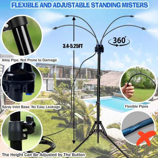 Staande Vernevelaar voor Buiten Terras Verstelbare Hoogte Buiten Vernevelsysteem 360° Flexibele Sproeier Ultrafijne Mist Koeler voor Terras Achtertuin Veranda
