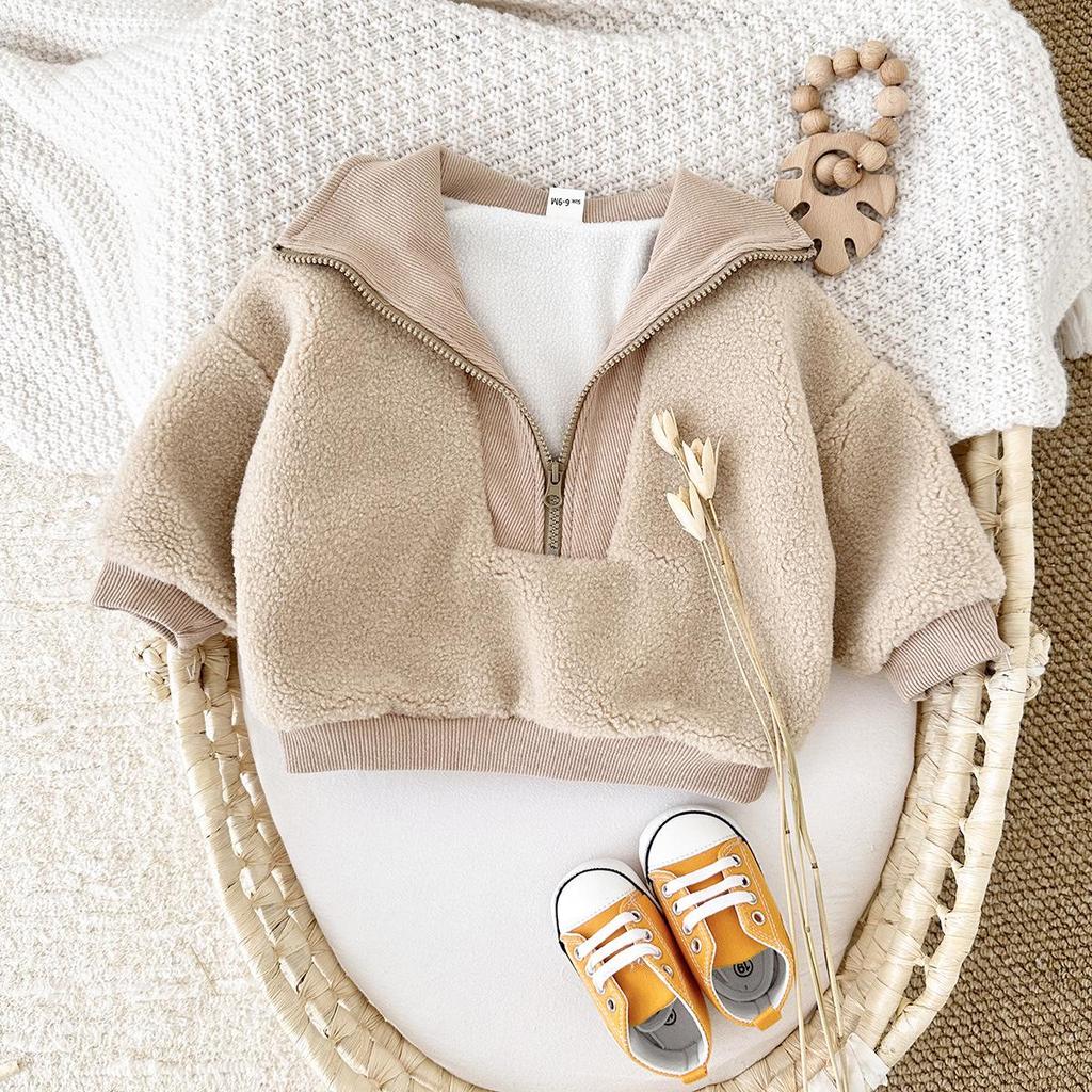 Winter Lambswool Hoodie for Babies - Thickened Velvet, High Collar, Long Sleeve