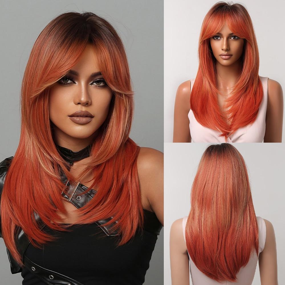 Braune Highlight-Synthetik-Perücke, lange, gerade, geschichtete Perücken mit Pony, Ombre, Schokoladenbraun, Cosplay-Party-Haar-Perücken, hitzebeständig