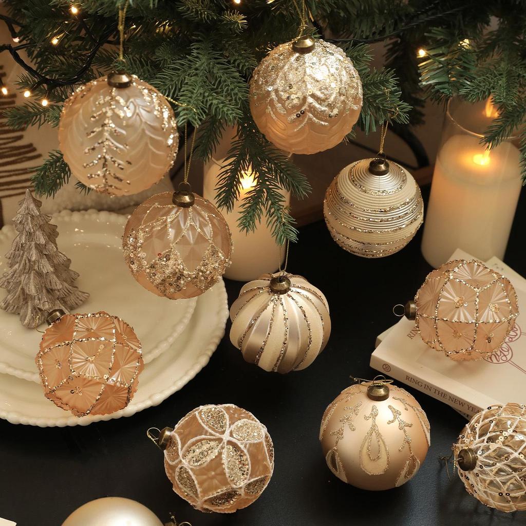 8CM Champagne Gold Christmas Ornament: Retro Tree Hanging Ball Decoration.