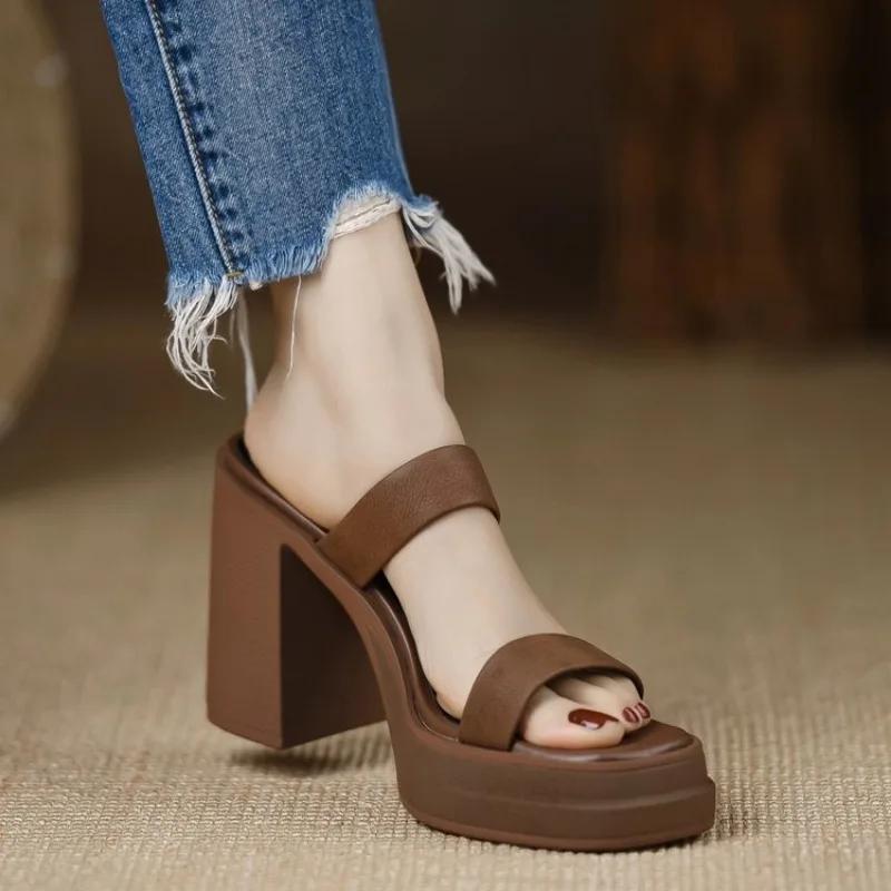 Ladies Square Toe Platform Block High Heels Slide Ladies Fashion Casual Slippers Summer Spring 40