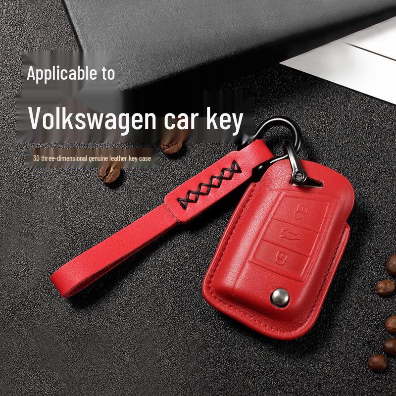 Genuine Leather Key Case for Volkswagen Sagitar, Lavida, Tiguan L, Lamando, Bora - 3D Full Wrap & One-Button Start.