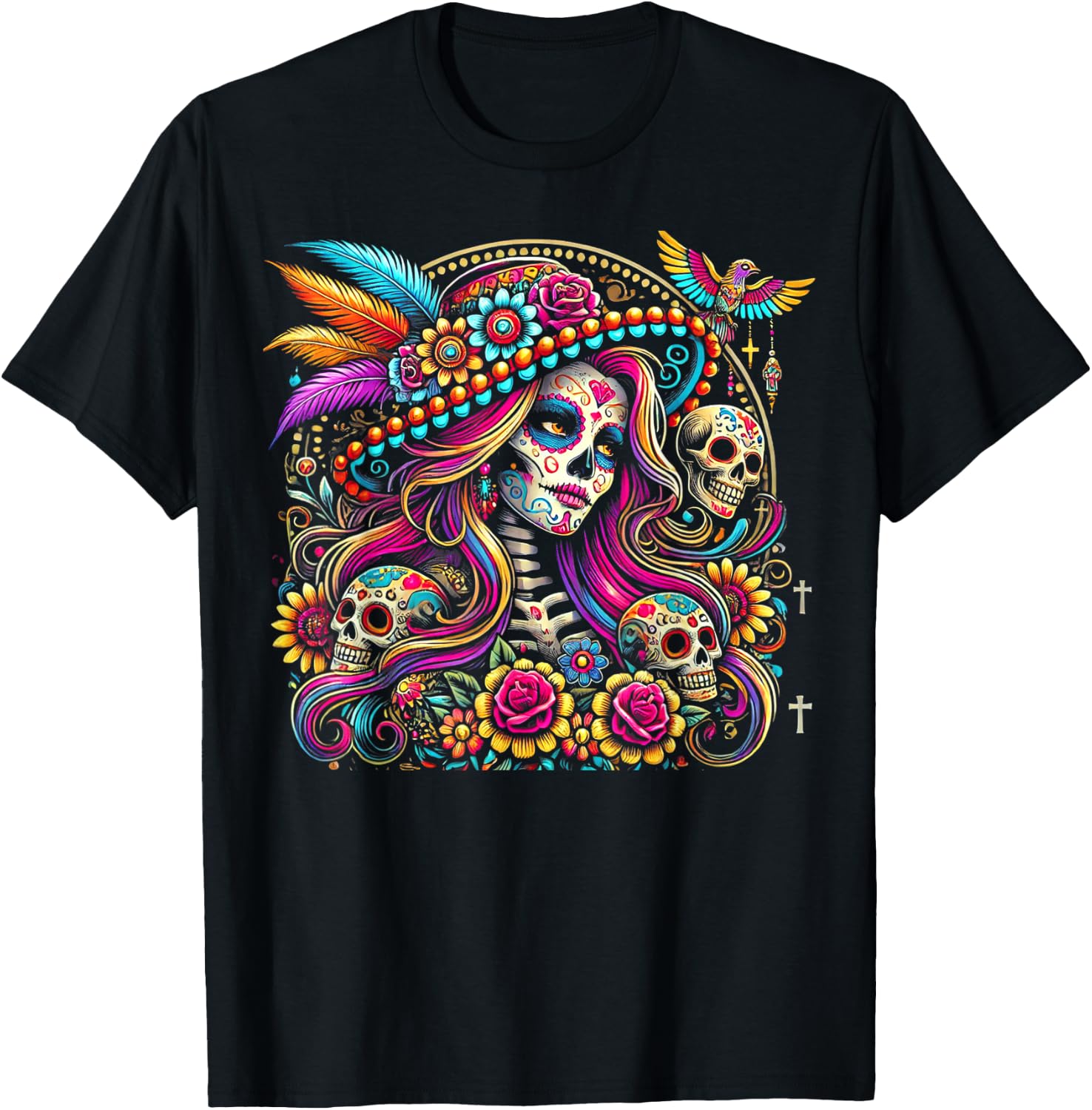 Vibrant Skeleton with Flowers Mexican Festival Sugar Skull T-Shirt XXL