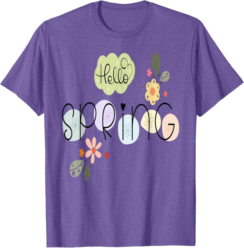 Hello Spring Flowers Graphic Tee Casual Cotton Short Sleeve T-Shirt Daily Wear