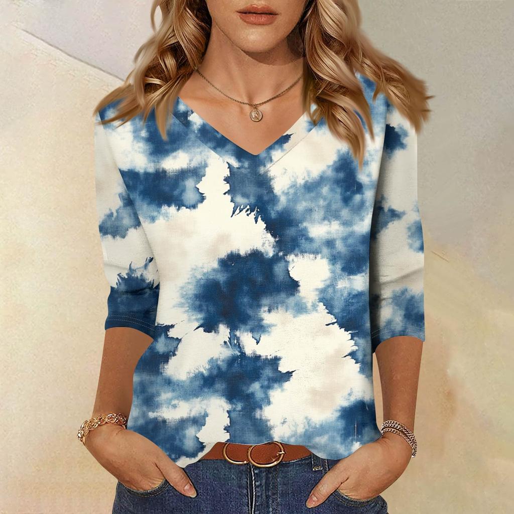 Women's Fashion Casual Three-quarter Sleeve Tie-Dye Printed Round Neck Top
