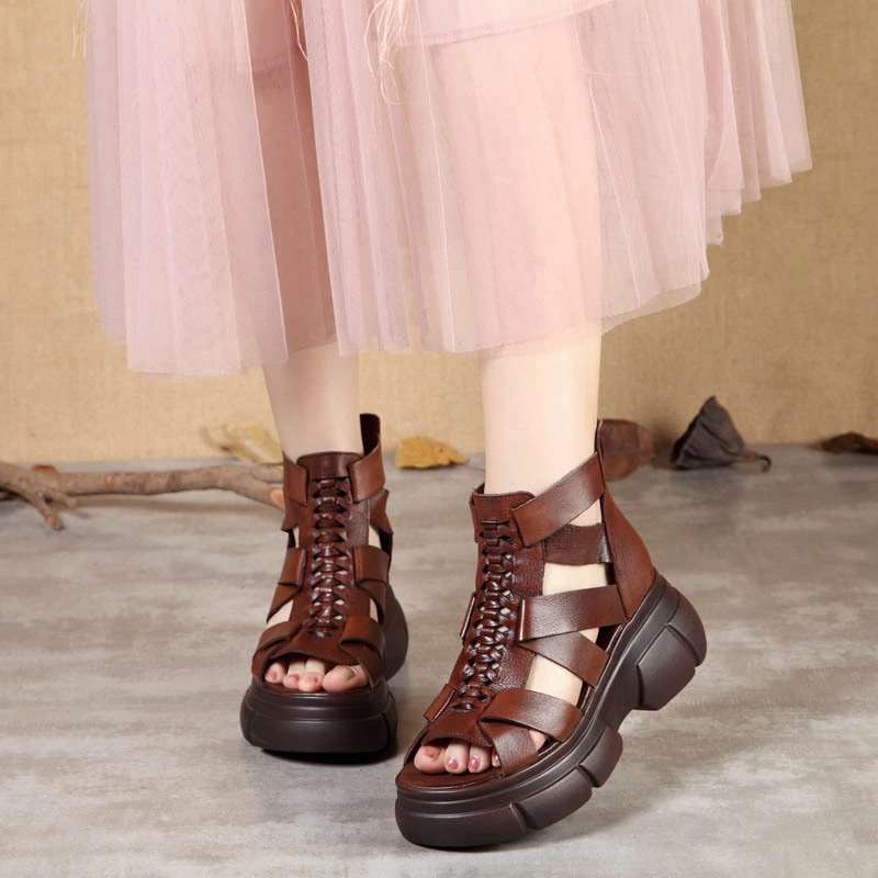 Summer new retro handmade leather thick-soled cool boots women's high-heeled hollow soft leather sandals wedge heel fish mouth Roman shoes