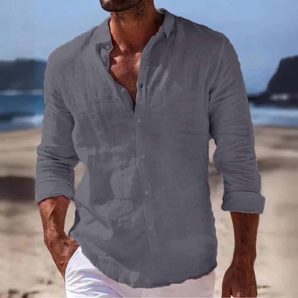 Men's White Linen Blend Button-Down Shirt - Long Sleeve Casual Loose Fit Breathable Beach Vacation Everyday Top