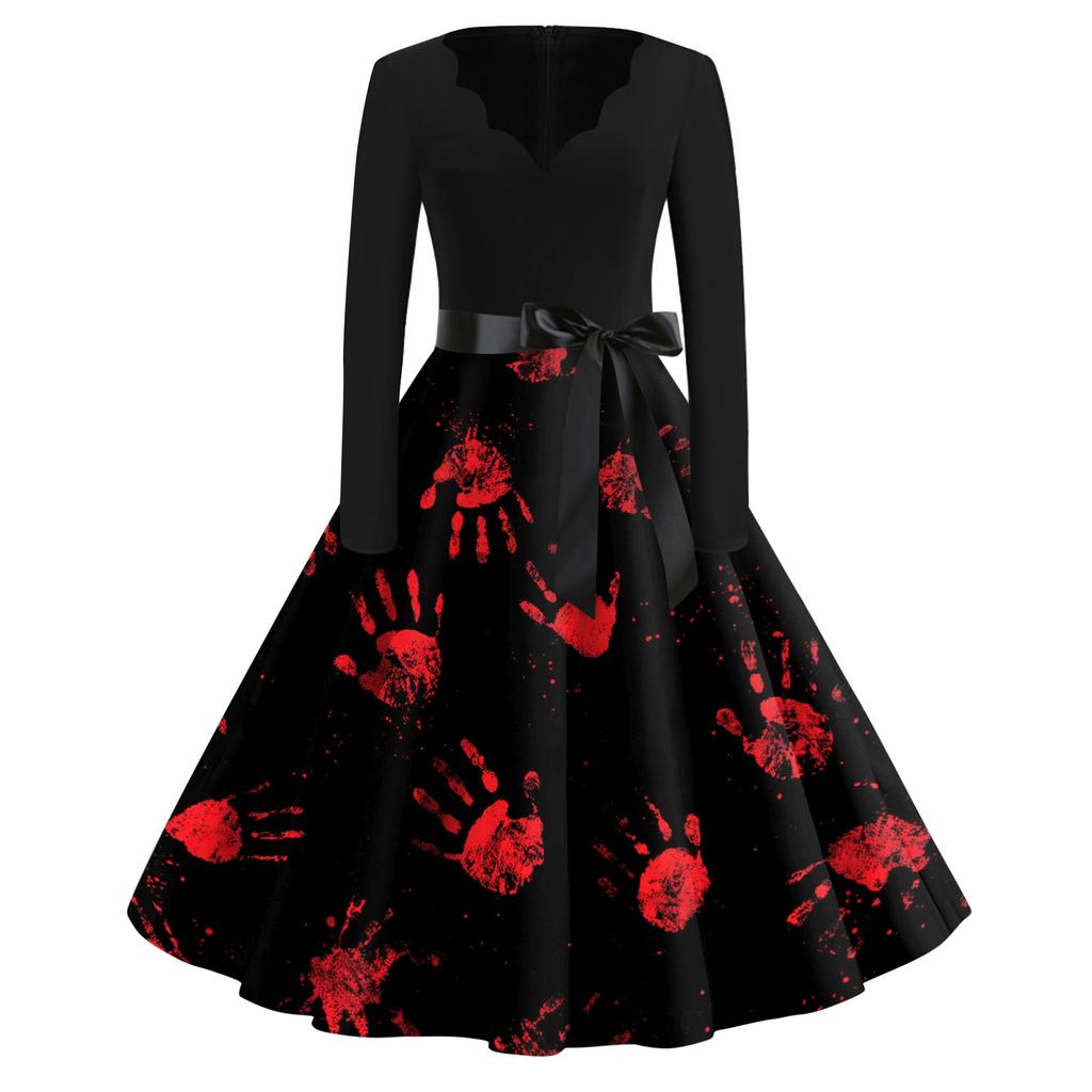 Women Casual Vintage V Neck Dress Halloween Print Long Sleeve Retro Fit and Flare Dress with Waist Tie for Everyday Wear