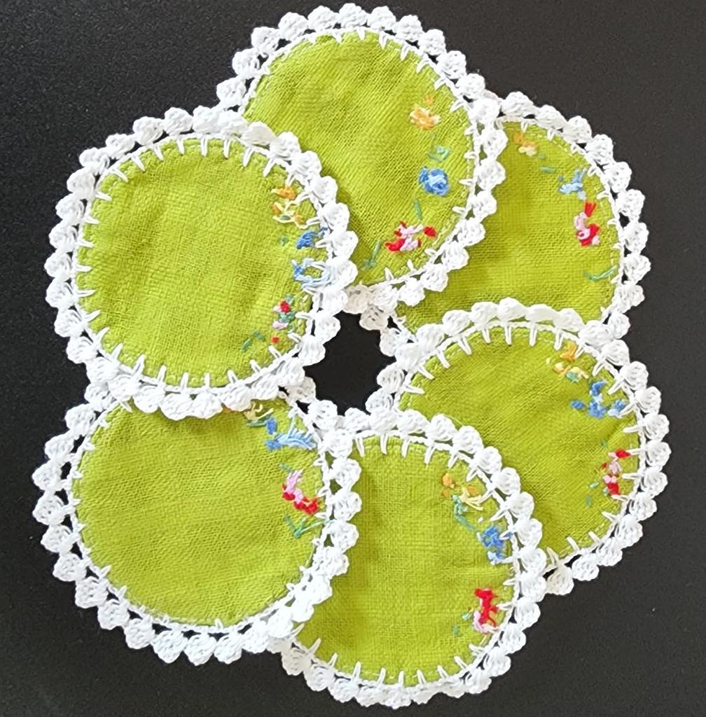 Cute and stylish floral embroidered coasters, 10cm diameter, set of 6, made from Thai cotton (green)
