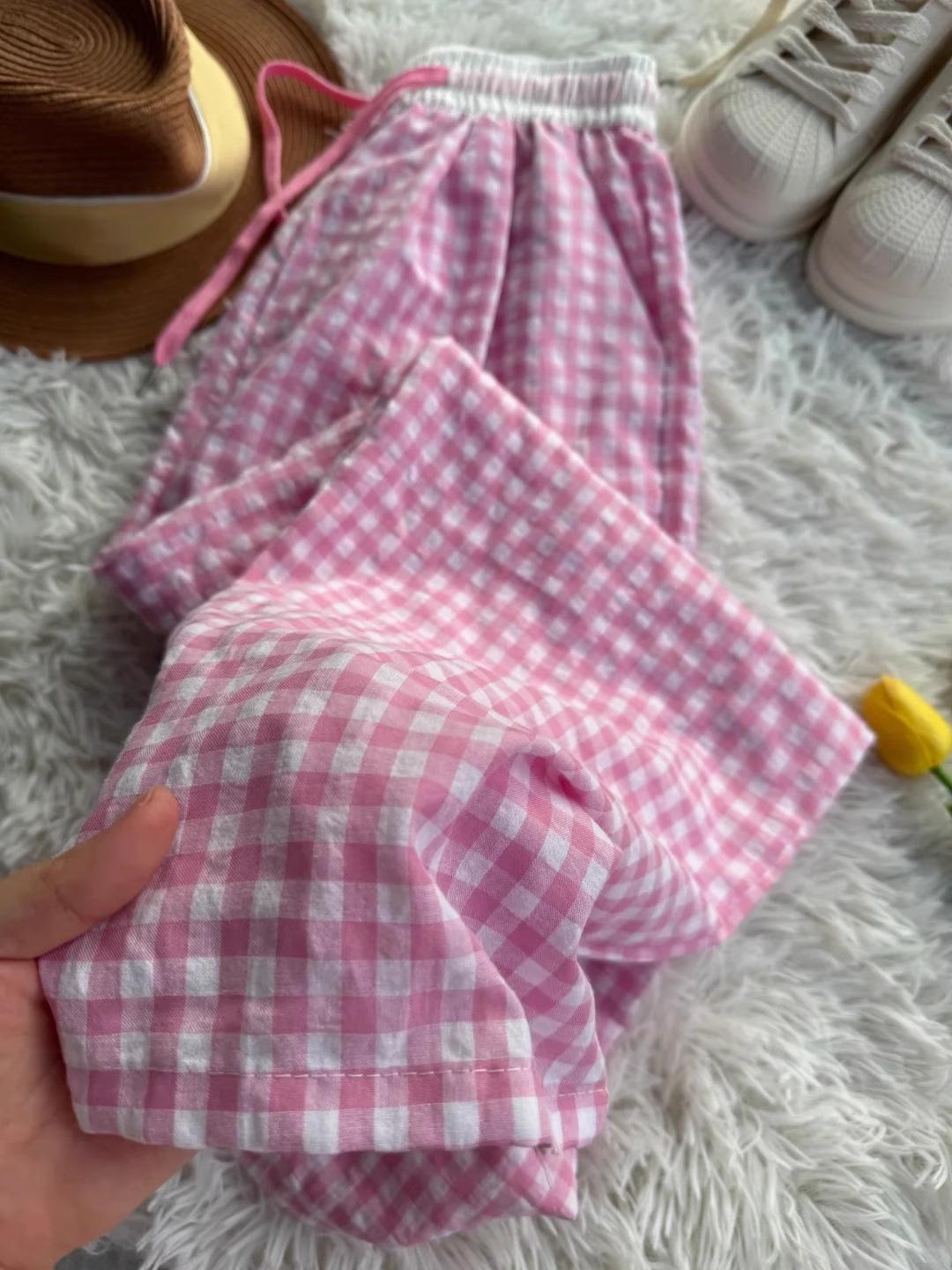 

Девичьи дофаминовые синие клетчатые женские летние брюки широкие от бедра - ленивый повседневный стиль Ямамото. L розовый