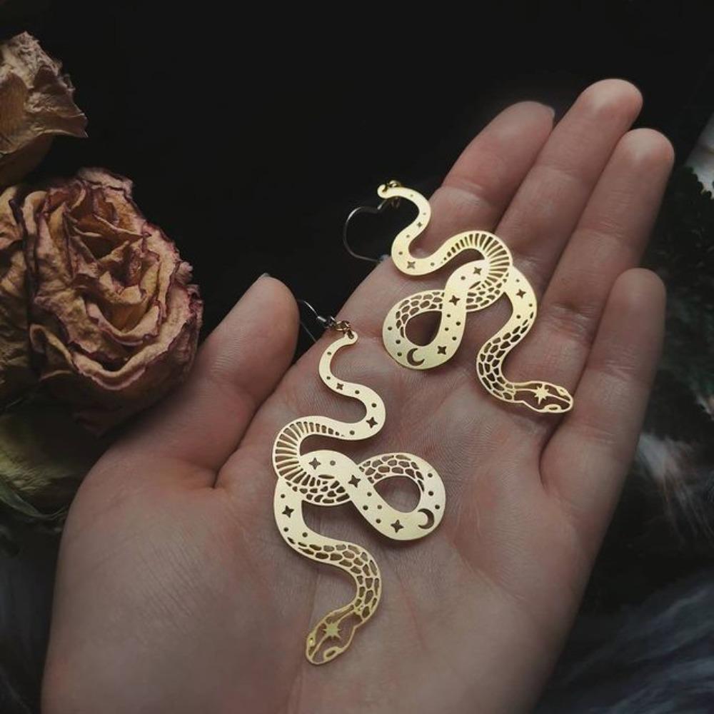 New Creative Gothic Large Hollowed-out Spirit Snake Stars Moon Stainless Steel Dangle Earrings for Women Hallowmas Jewelry Gifts