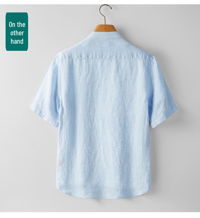 Herrskjorta i kinesisk stil, linne, uppstående krage, kortärmad, retro