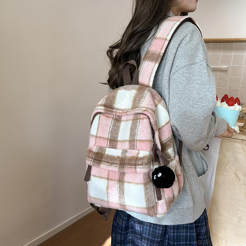 Vlněný kostkovaný studentský školní batoh s velkou kapacitou dámský batoh