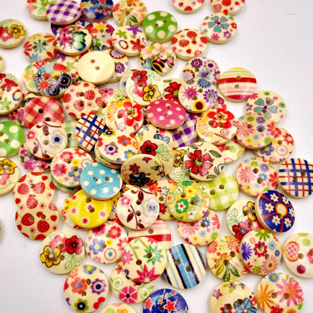 100Pcs -Hole Wood Buttons Mixed Flower for Sewing Embellishments 15mm