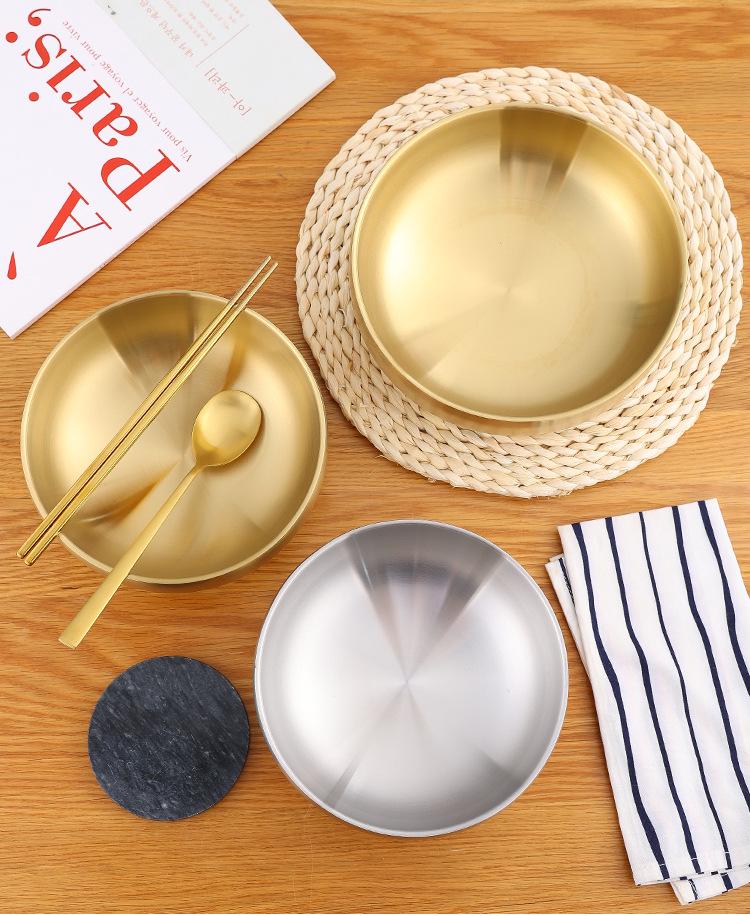 Korean Style Stainless Steel Double-Layer Gold Noodle Bowl - Large for Noodles, Rice, or Soup with Custom Logo