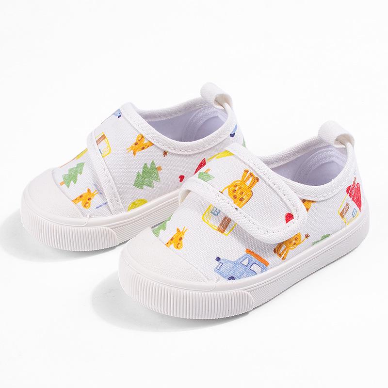 Spring 2026 Kids' Canvas Shoes: Printed Toe Cap, Velcro Closure, Anti-Kick Soft Sole, Toddler-Friendly.