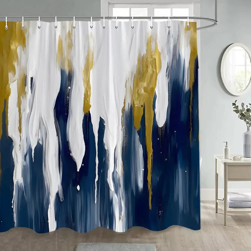 Abstract Grunge Style Shower Curtains White Blue Ombre Oil Painting Art Modern Polyester Fabric Bathroom Decoration With Hooks