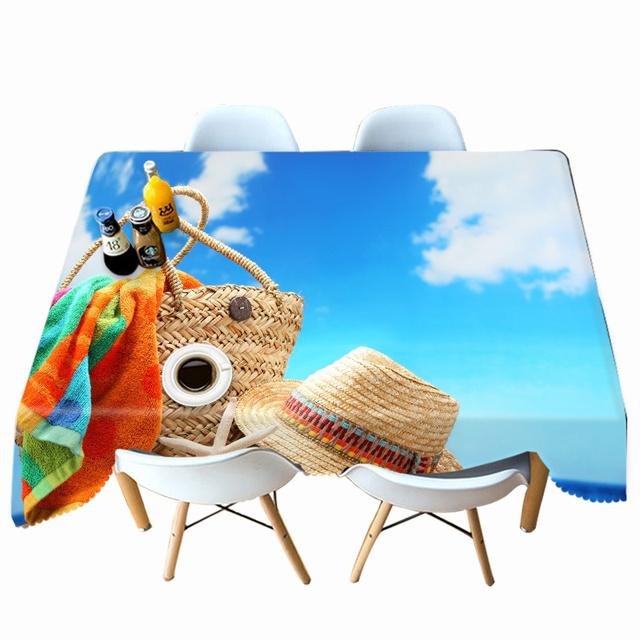Starfish Seascape Pattern Sunny Beach Tablecloth Thicken Cotton Rectangular Round Table Cloth For Wedding Picnic Party