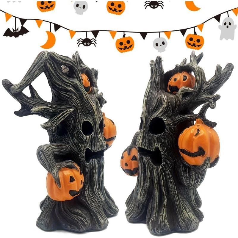 Halloween Pumpkin Tree Decor,Lighted Resin Halloween Figurine with Ghost Face Pumpkins, Haunted Miniature Tree for Indoor Table Decorations